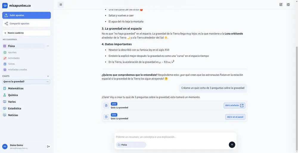 Artefacto de quiz generado en el chat
