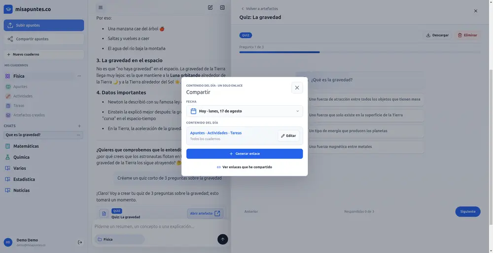 Modal para compartir apuntes con un enlace